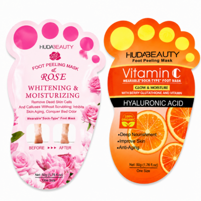 Mascarillas exfoliantes para pies HUDA BEAUTY tipo calcetín en versiones Rosa y Vitamina C.
